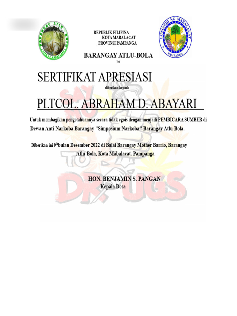 Sertifikat Apresiasi PLTCOL. Abayari | PDF