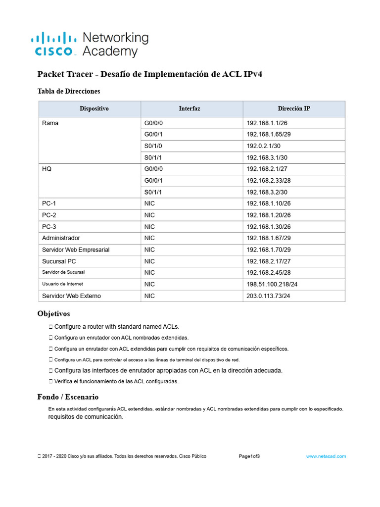 Implementación de ACL IPv4 en Packet Tracer | PDF | Controlador de ...