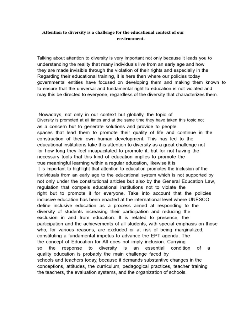 Essay On Attention To Diversity | PDF | Inclusion (Education) | Policy