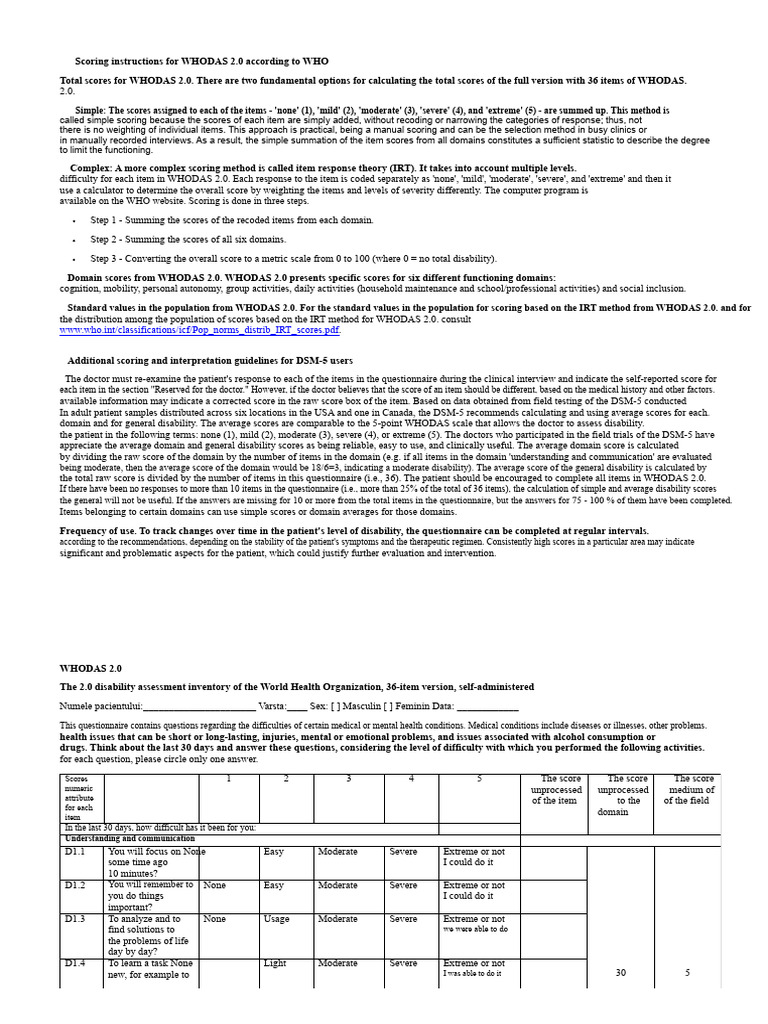 WHODAS 2.0 Scoring Instructions | PDF | Dsm 5 | Psychology