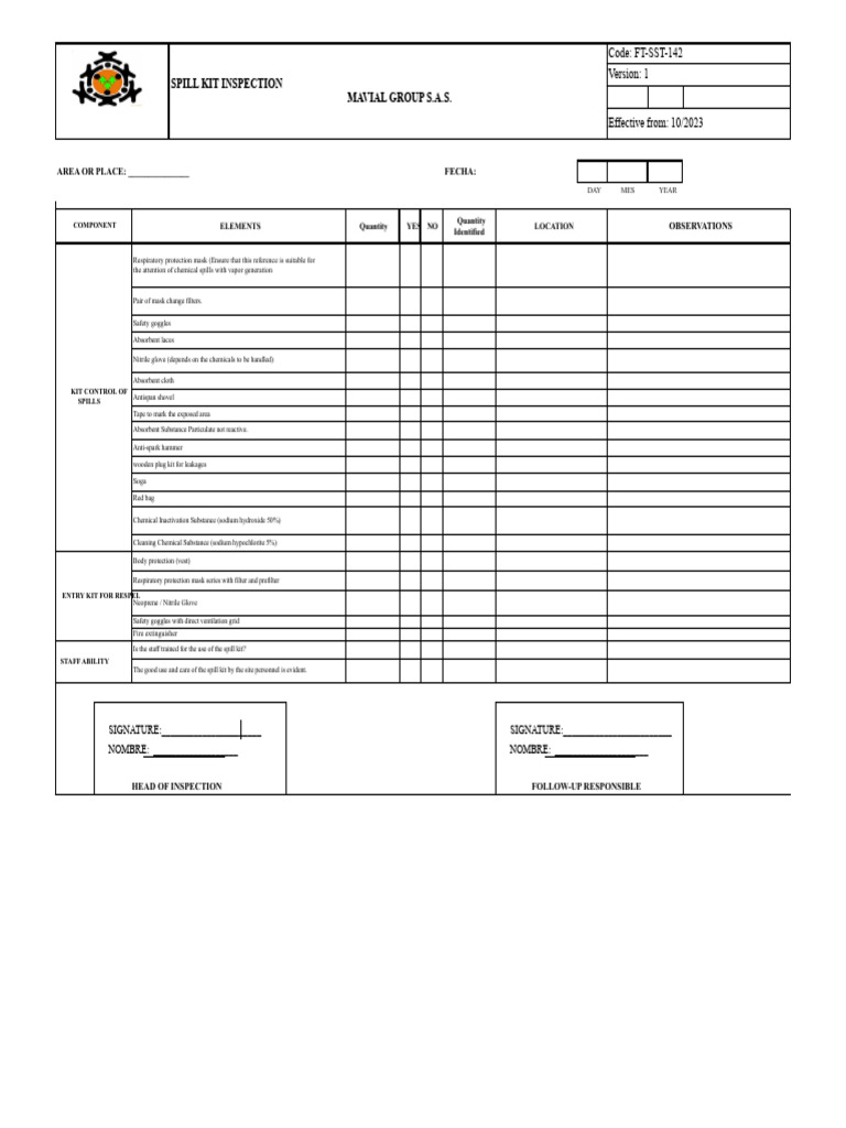 Inspection Format For Spill Kits | PDF | Occupational Safety And Health ...