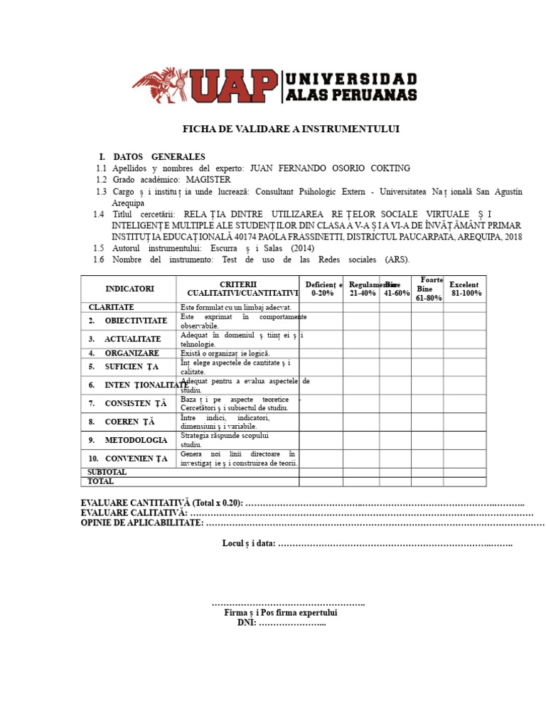 Ficha de Validare A Instrumentului | PDF