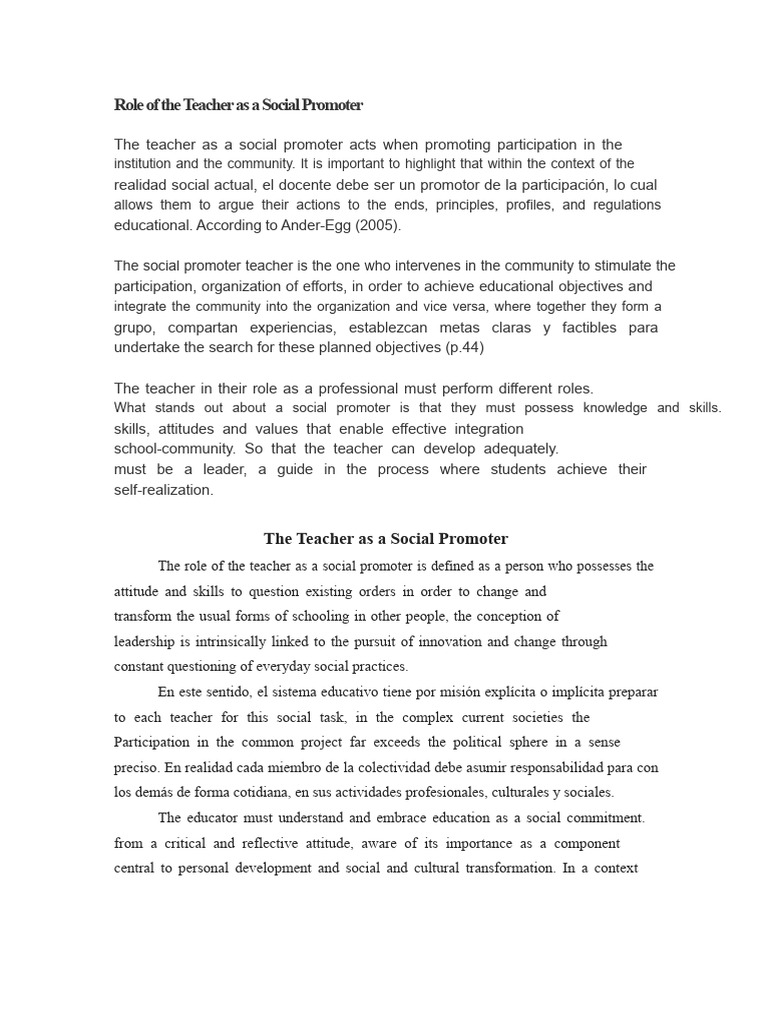 Teacher as Social Promoter in Education | PDF | Teachers | Value (Ethics)