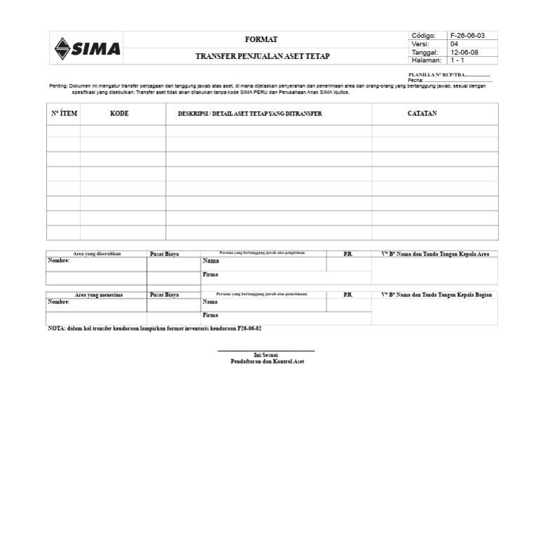 Format Transfer Aset Tetap SIMA | PDF