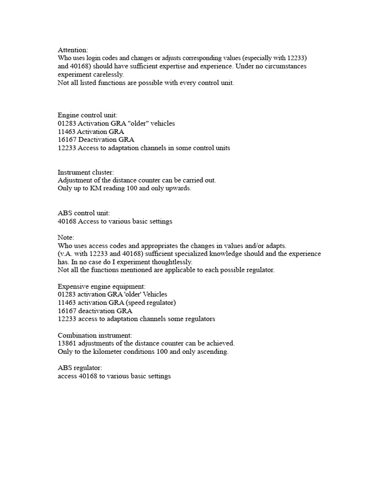 Access Codes Vag-Com PDF | PDF