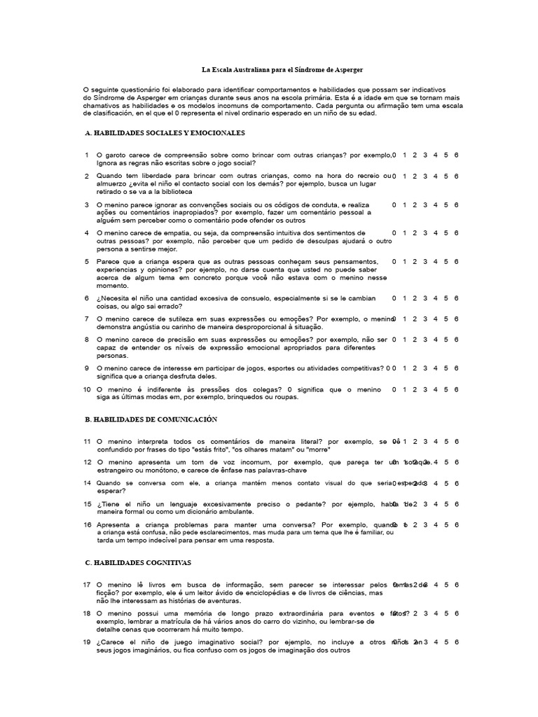 Escala Australiana do Síndrome de Asperger | PDF | Síndrome de Asperger ...