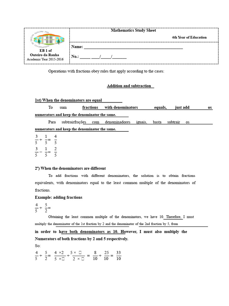 Fraction Operations Study Guide | PDF | Multiplication | Subtraction