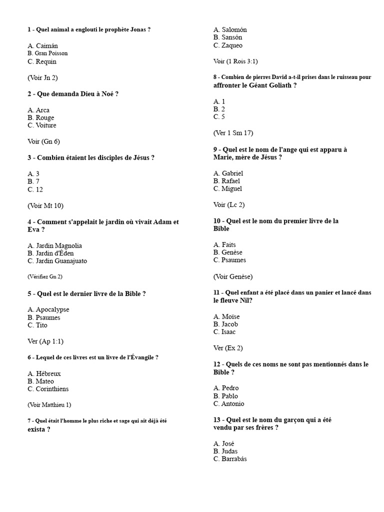 Quiz biblique : questions et réponses | PDF | Livre de la Genèse | Ange