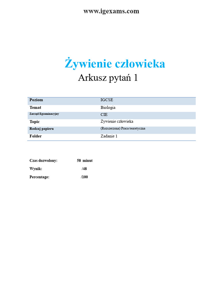 7.1 Żywienie Człowieka Igcse Cie Biologia Ekst. Teoria QP | PDF