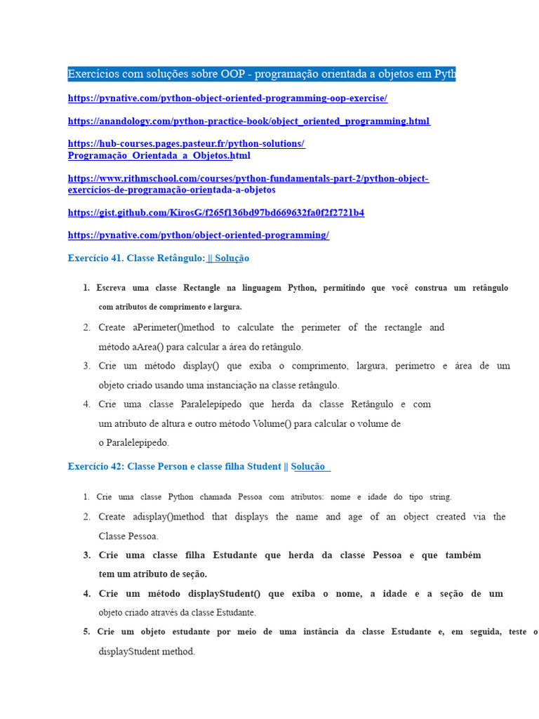 Exercícios de OOP em Python com Soluções | PDF | Classe (programação de ...