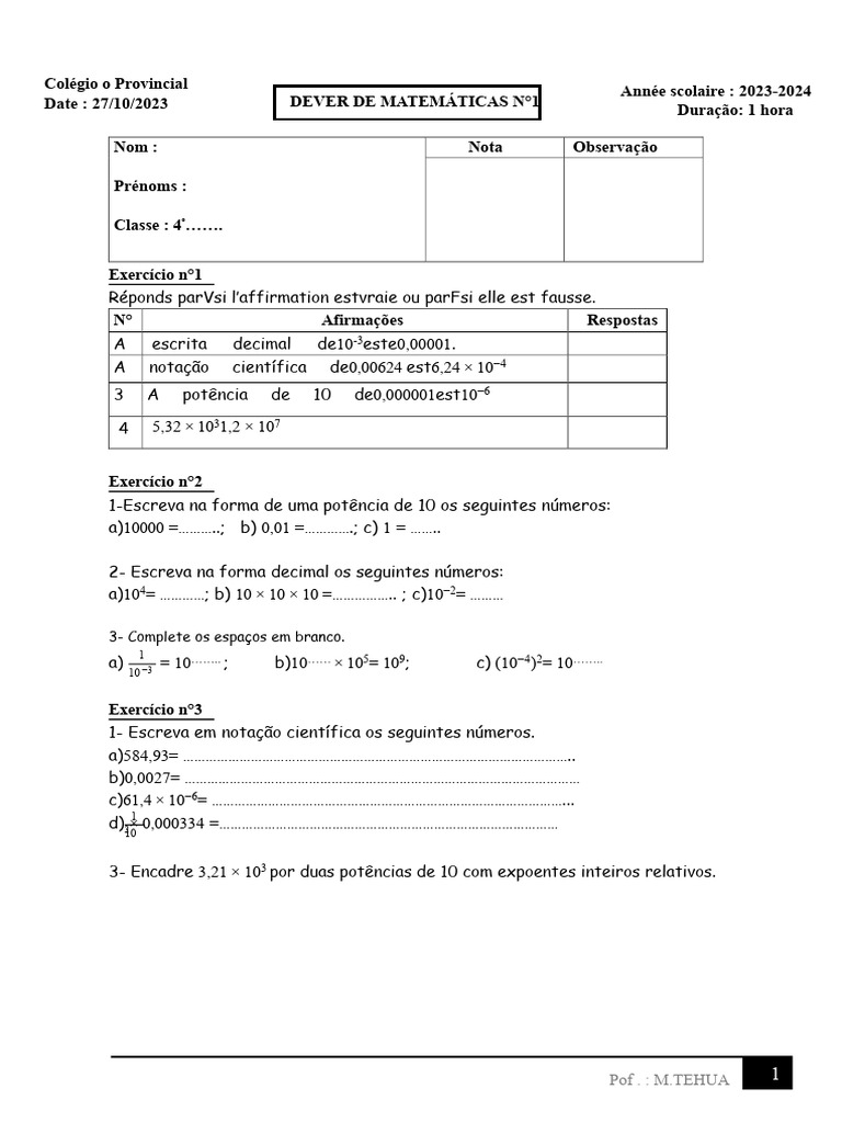 Dever de Matemáticas 4º Ano 2023-2024 | PDF | Decimal | Notação matemática