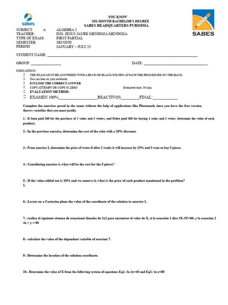 1st Algebra Pair 2 You Know | PDF