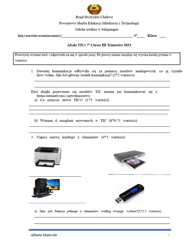 TEST 1 TIC 7 Klasa III Trimestr | PDF