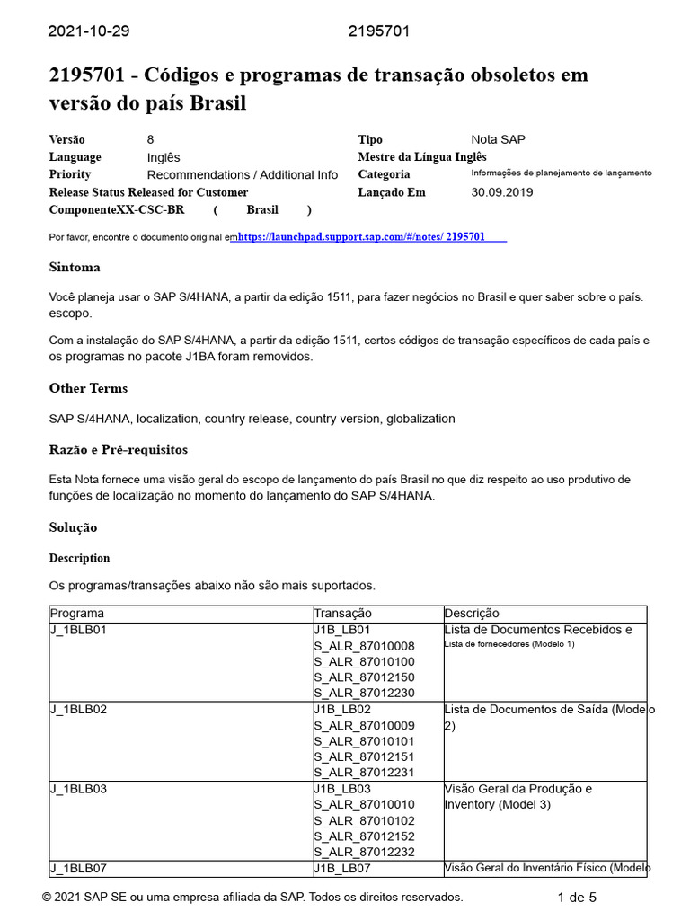 Códigos SAP Obsoletos Brasil 2021 | PDF | Recibo | Contabilidade