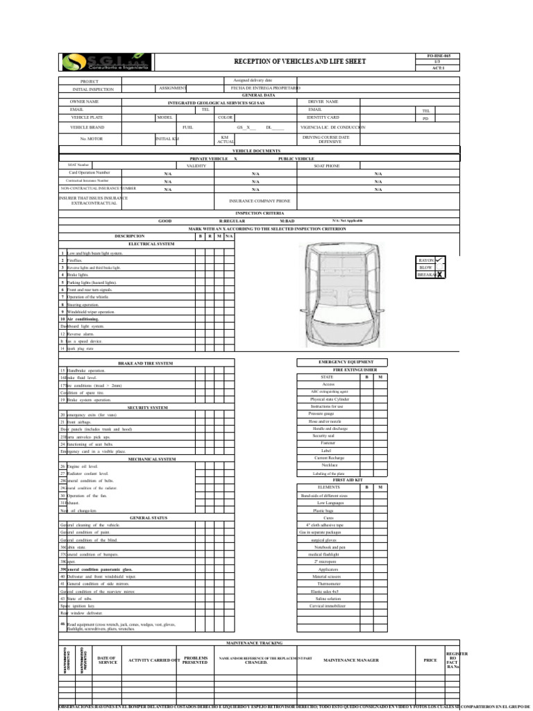 Vehicle Reception and Inspection Checklist | PDF | Vehicles | Motor Vehicle