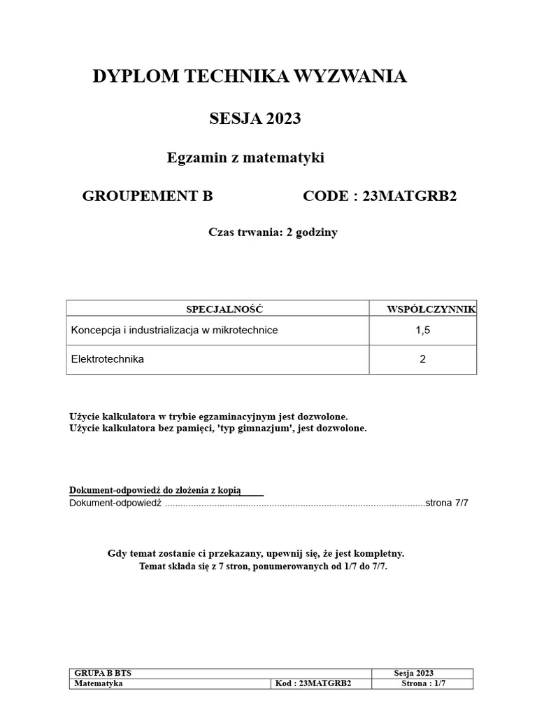 BTS 2023 Matematyka Grupa B2 | PDF