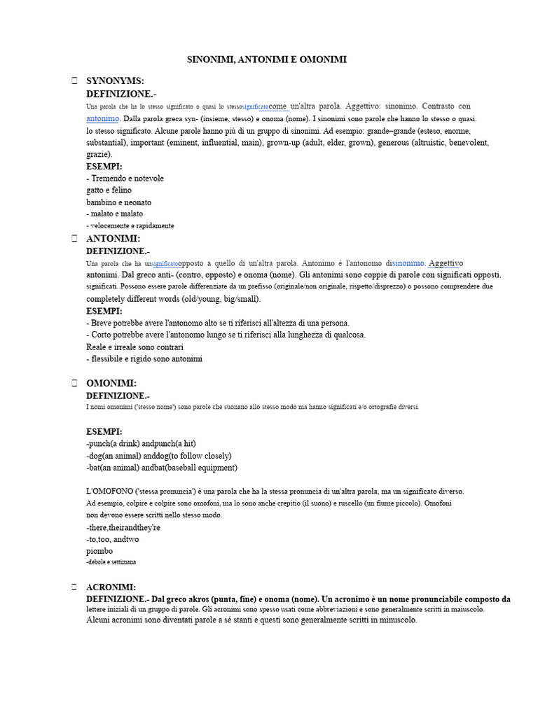 Sinonimi, Omonimi e Antonimi | PDF