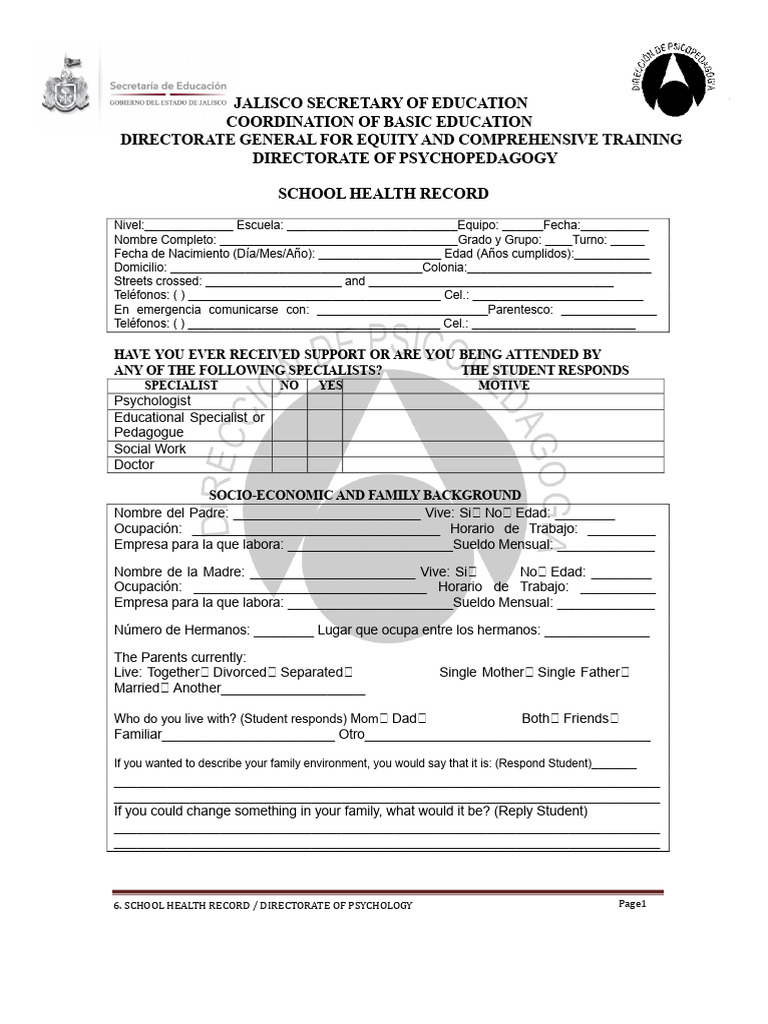 School Health Record Template | PDF | Mental Disorder | Diseases And ...