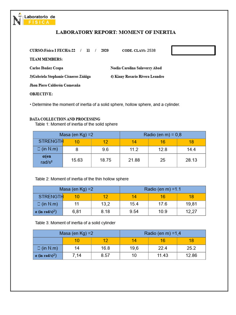 Moment of Inertia Laboratory Report | PDF | Rotation Around A Fixed ...