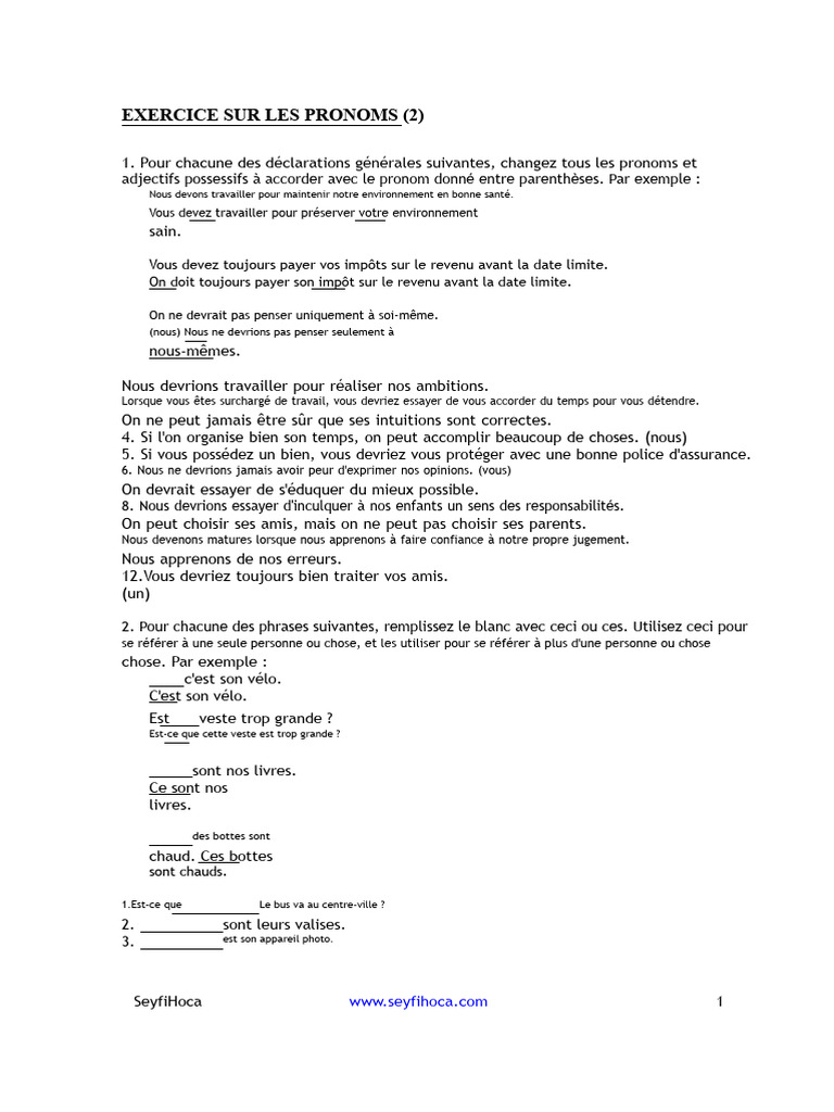 Exercices sur les pronoms en français | PDF | Nombre grammatical | Pronom