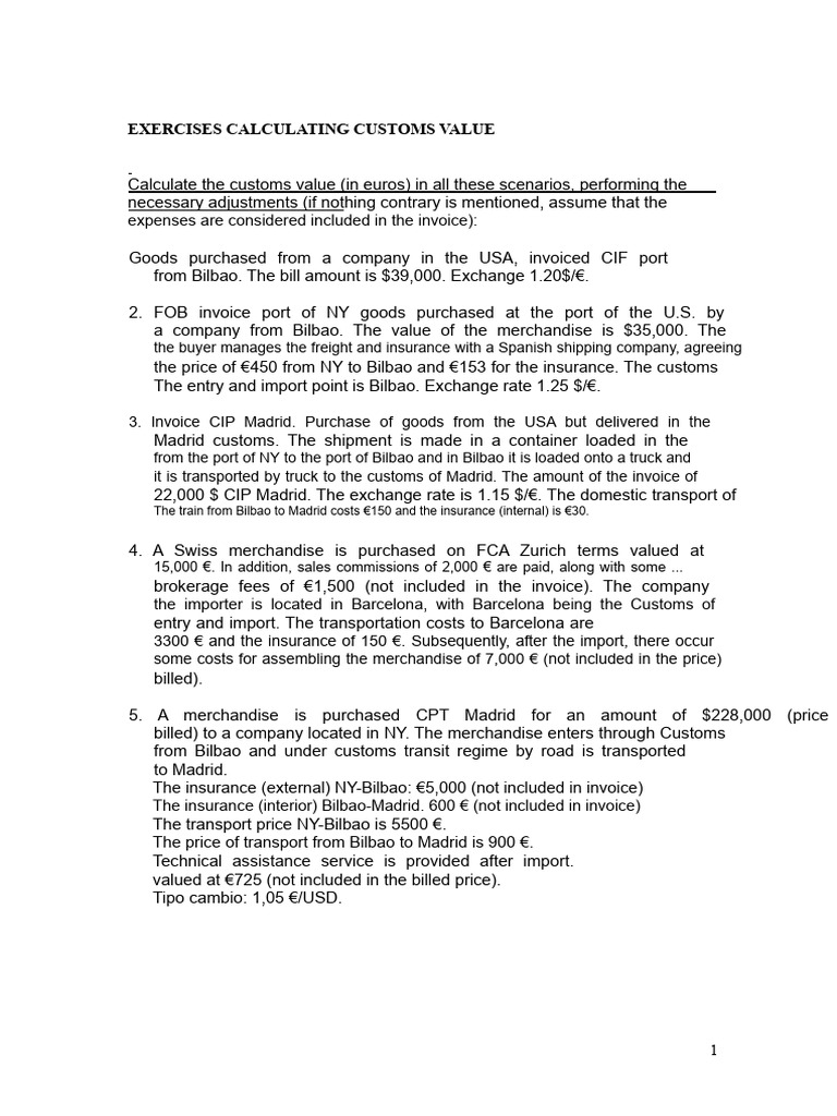 Customs Value Calculation Exercises | PDF | Supply Chain Management | Trade