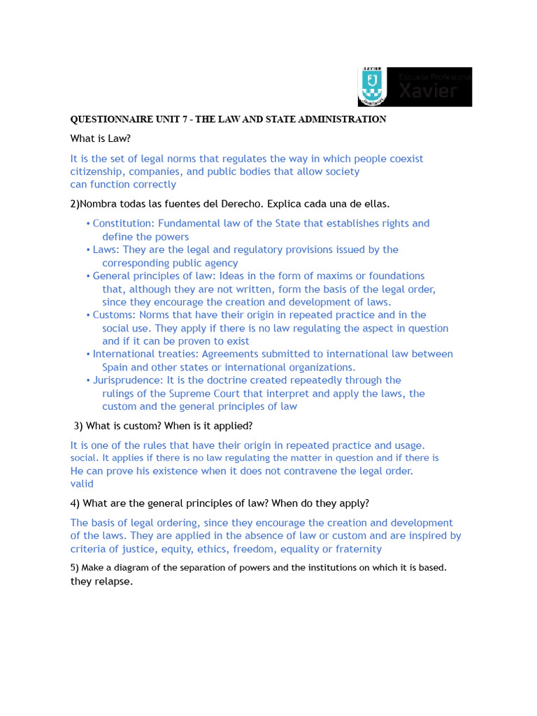 Final Questionnaire Topic 7 - Law and The Organization of The State ...