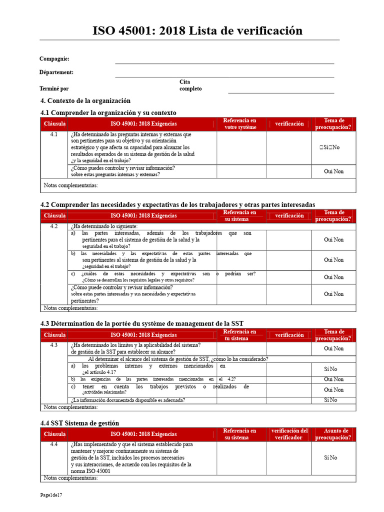 Lista de Verificación de Auditoría ISO 45001 2018 en Francés | PDF ...