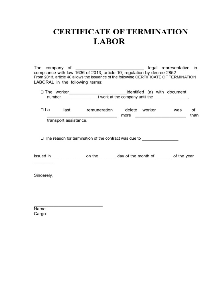 Labor Termination Certificate Template | PDF