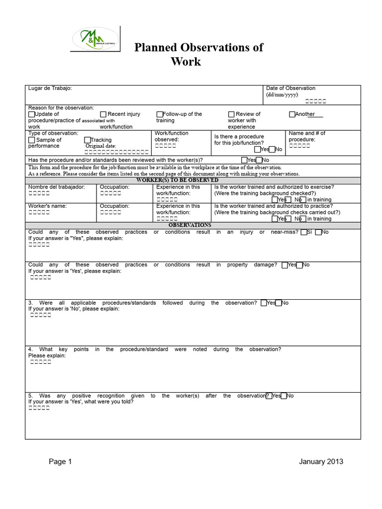 Work Observation Procedure Checklist | PDF | Personal Protective ...