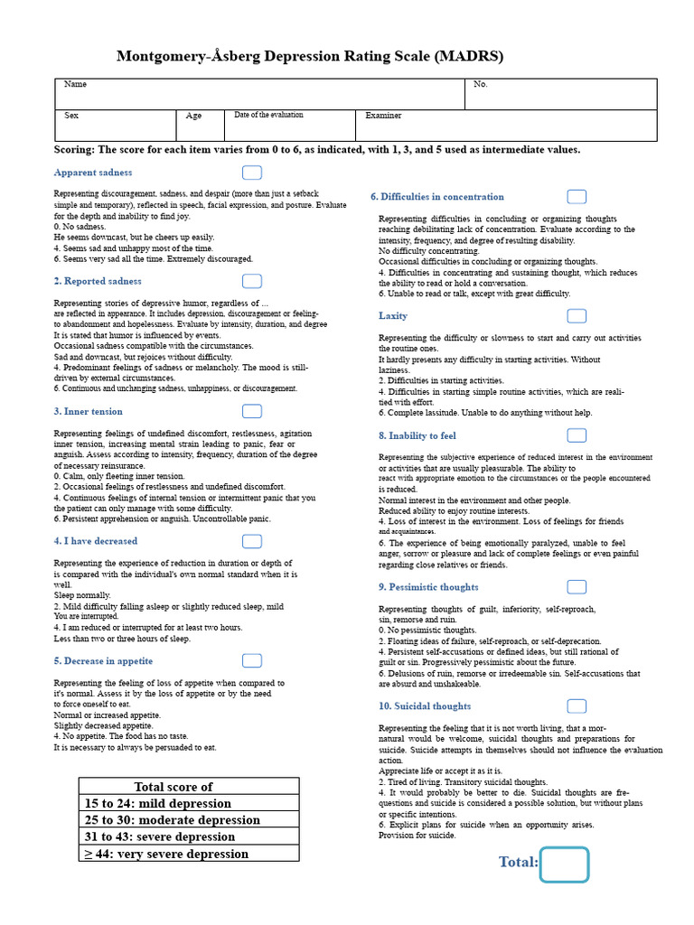 MADRS Scoring Guide for Depression | PDF | Depression (Mood) | Anxiety