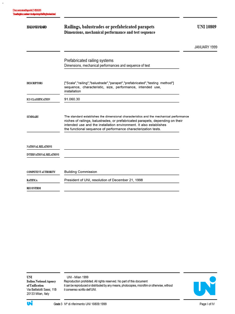 Prefabricated Railing Standards UNI 10809 | PDF