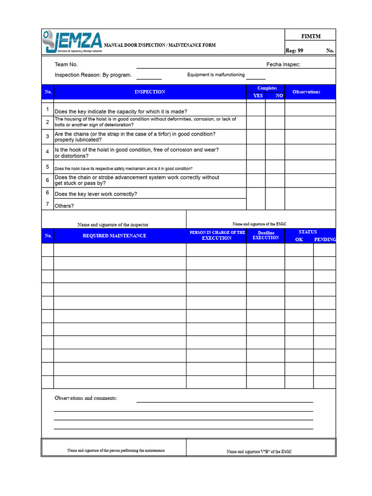 Manual Door Inspection & Maintenance Form | PDF