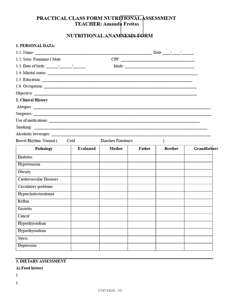 NUTRITIONAL ANAMNESIS FORM VT | PDF | Foods | Waist