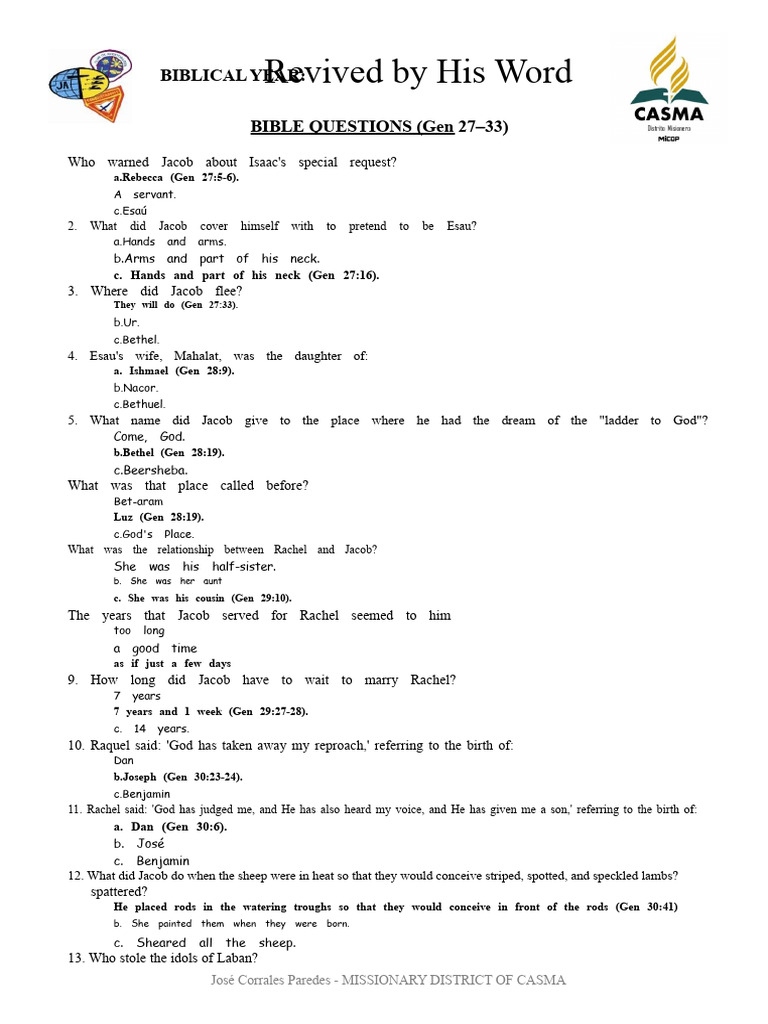 Bible Questions for May 19 | PDF | Jacob | Rachel