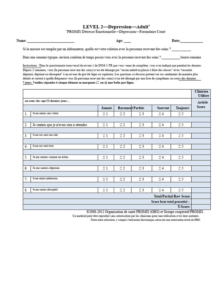 Questionnaire de Dépression PROMIS Adultes | PDF | Dépression ...