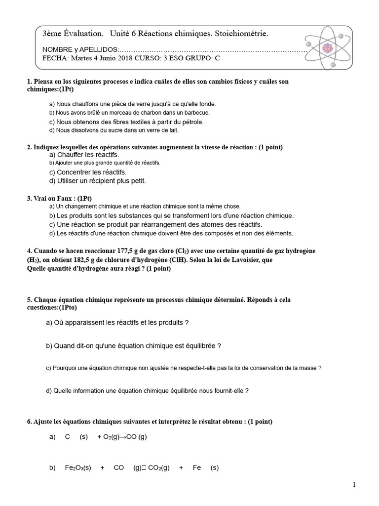 Évaluation sur les réactions chimiques et la stoichiométrie | PDF ...
