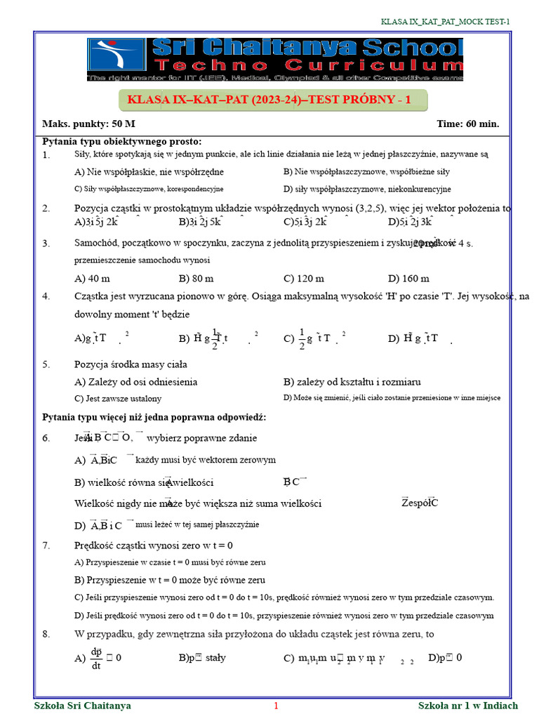 KAT(PAT) TEST PRÓBNY KLASY 9 - 1 | PDF