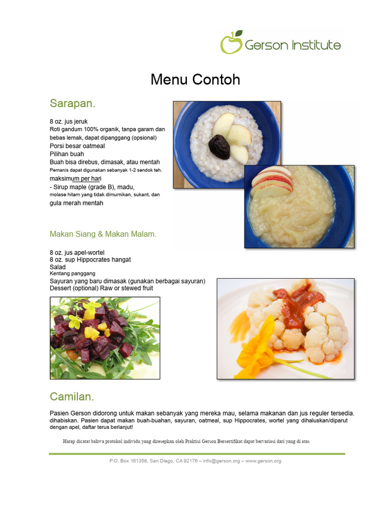 Menu Contoh Untuk Terapi Gerson | PDF