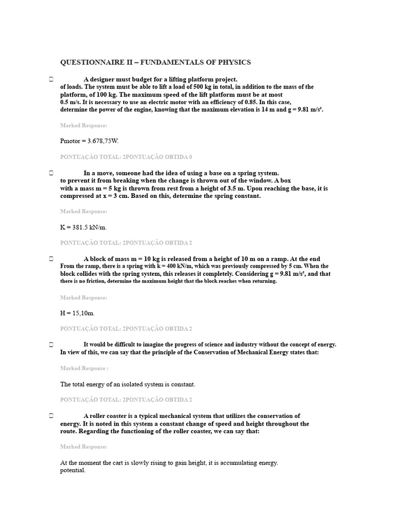 Physics Questionnaire on Energy and Motion | PDF | Mass | Force