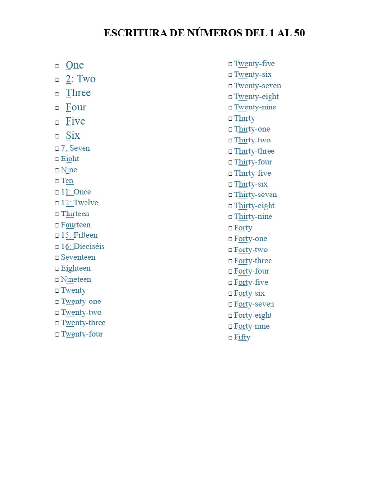 Numbers 1 to 50 in English and Spanish | PDF