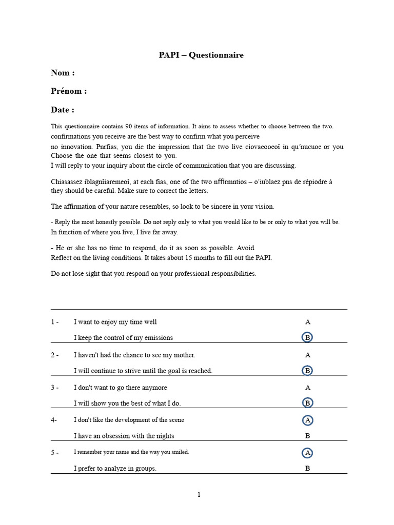 PAPI TEST QUESTIONNAIRE | PDF | Psychology | Psychological Concepts
