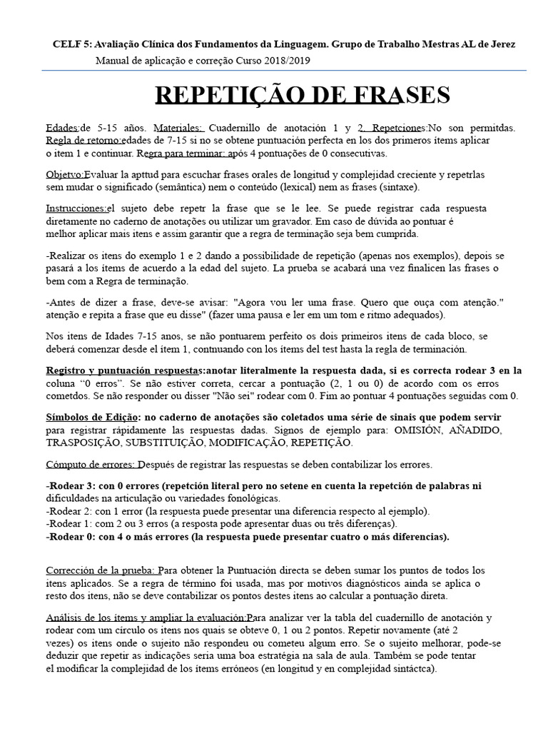 Avaliação CELF 5: Repetição de Frases | PDF