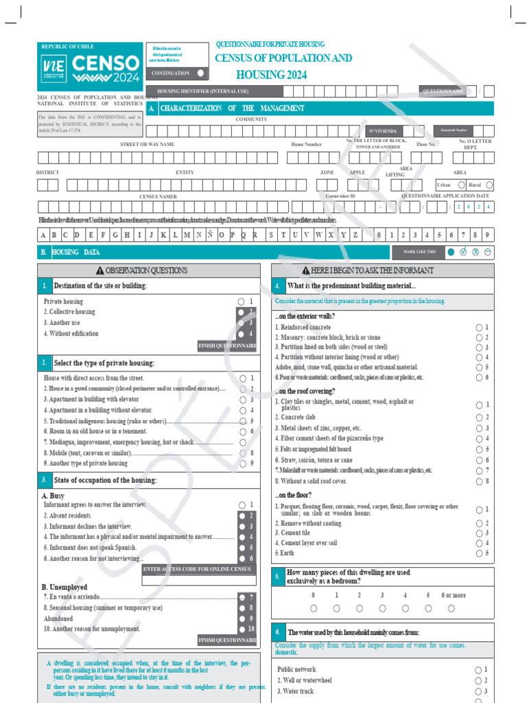 Chile 2024 Private Housing Questionnaire | PDF | Wall | Census