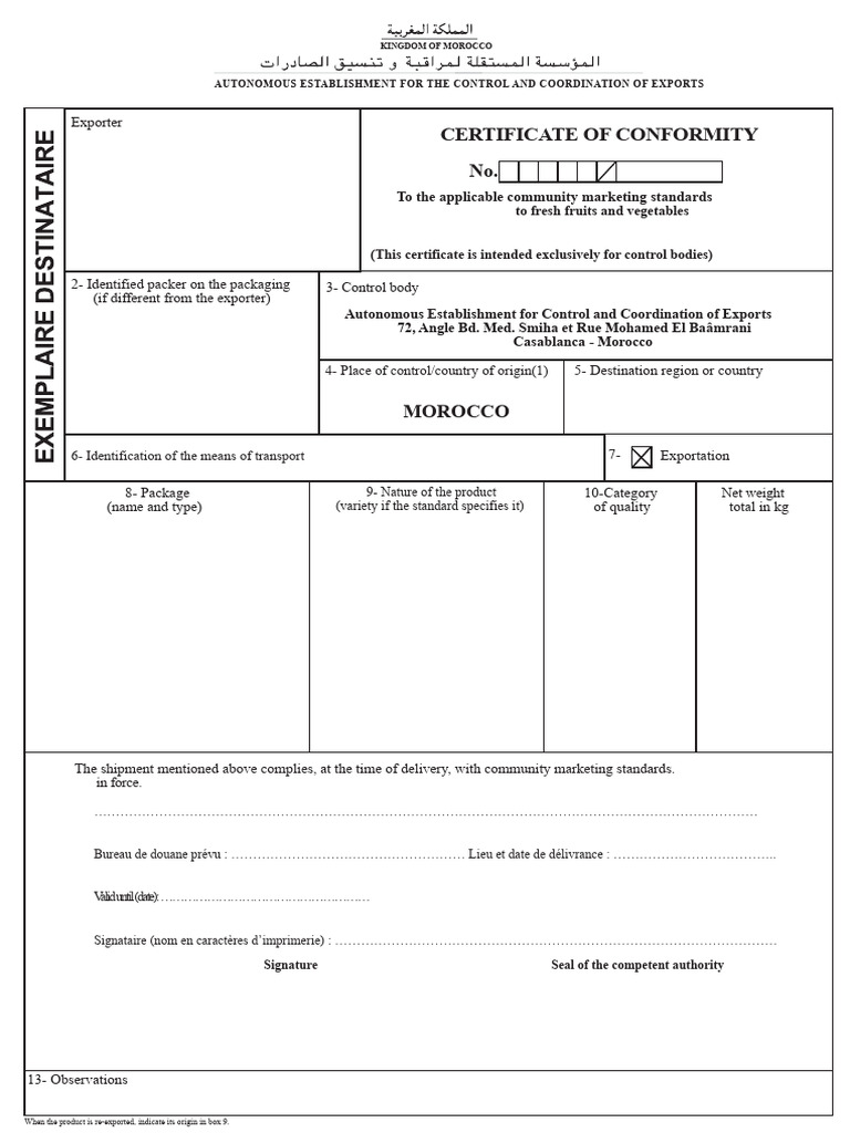 Morocco Export Certificate of Conformity | PDF