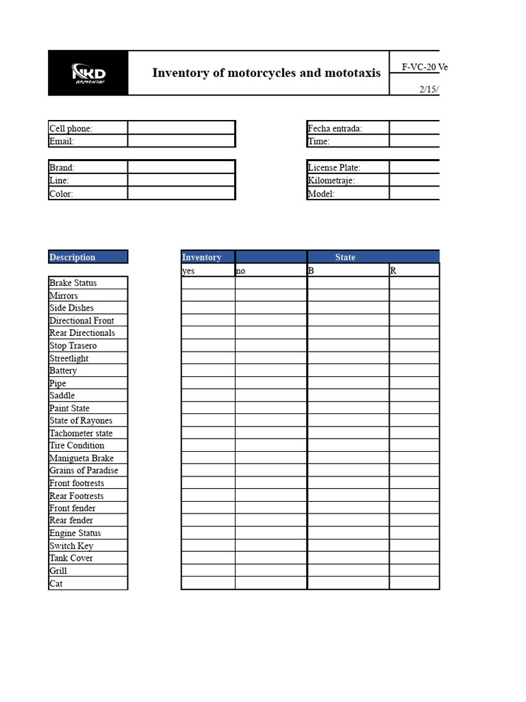 Motorcycle and Mototaxi Inventory Checklist | PDF