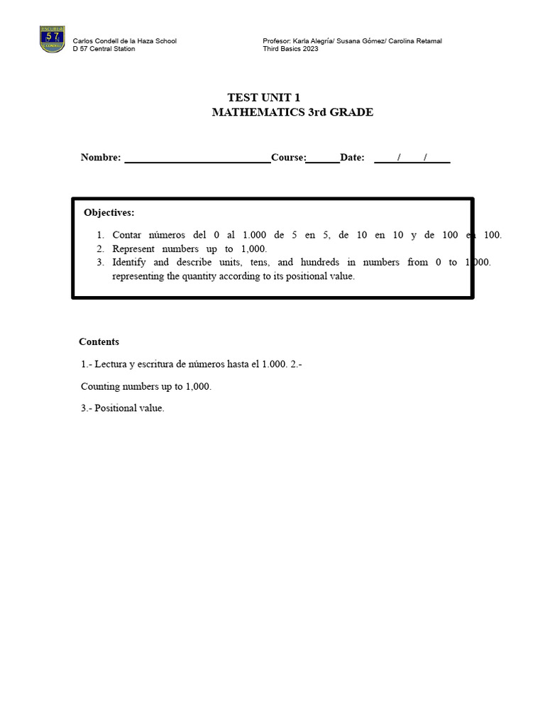 3rd Grade - Math TEST - UNIT N°1 2023 | PDF | Mathematics