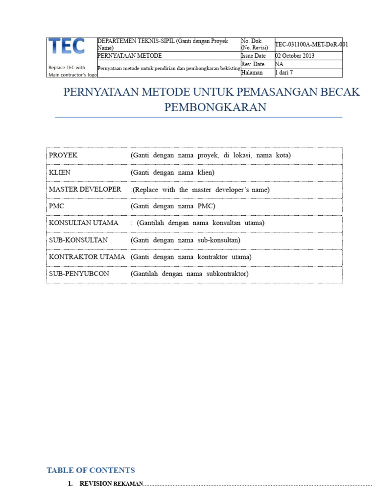 (Pernyataan Metode untuk Pemasangan dan Pembongkaran Formwork) | PDF