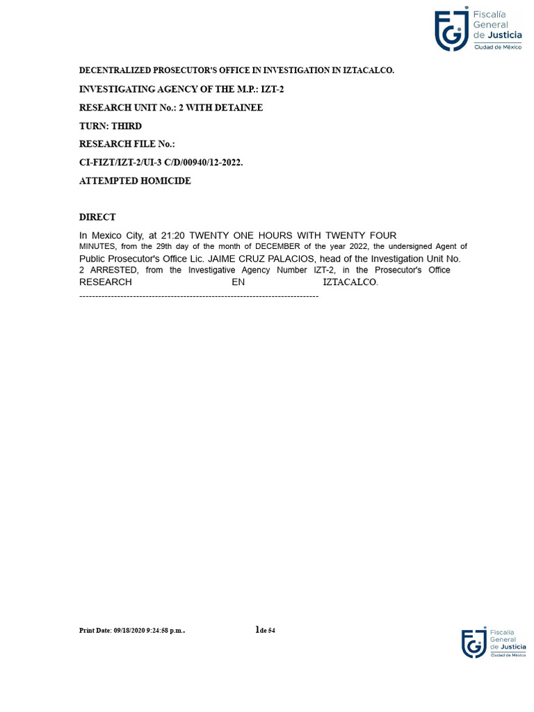 Iztacalco Attempted Homicide Case Report | PDF | Witness | Prosecutor