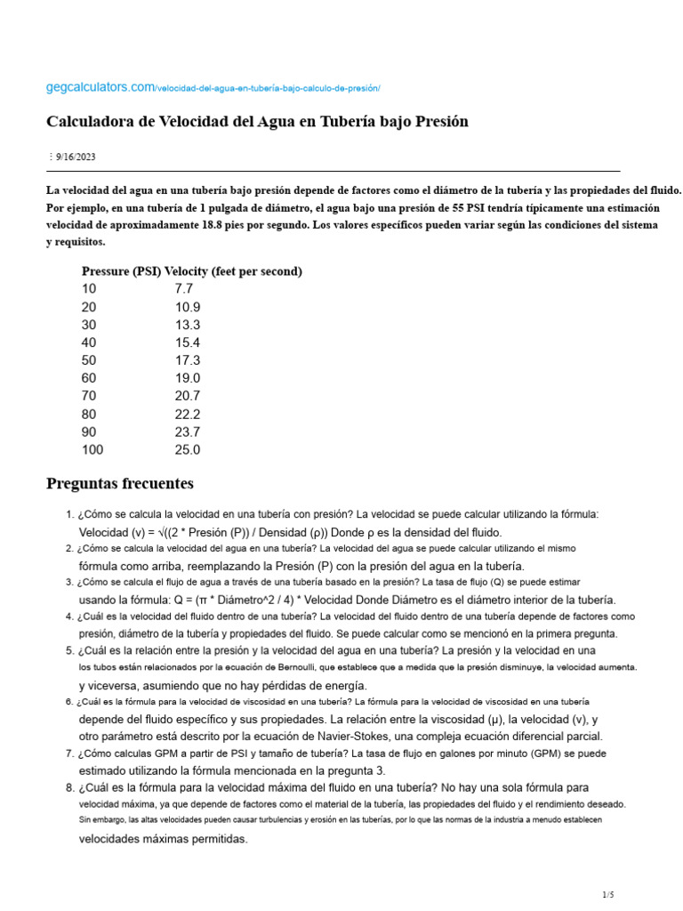 Calculadora de Velocidad del Agua en Tuberías | PDF | Presión
