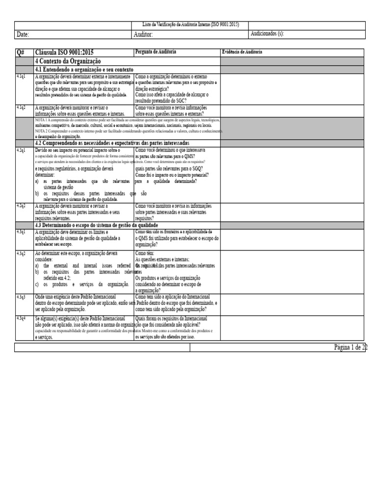 Auditoria Interna ISO 9001:2015 Checklist | PDF | Gestão de qualidade ...